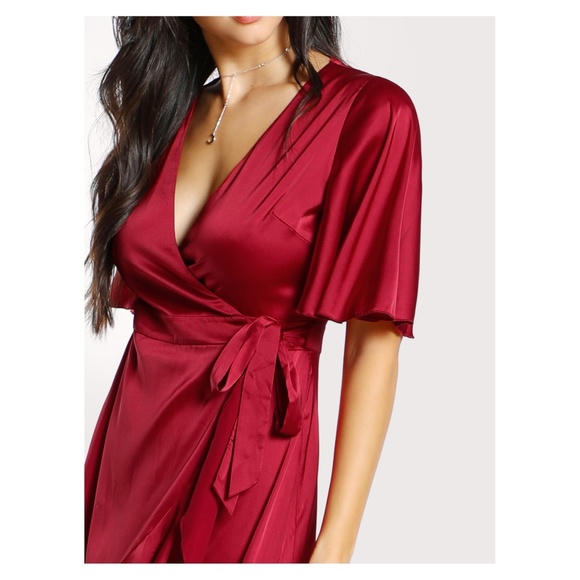 Deep Red Satin Ruffle Wrap Tie Dress - Picture 4 of 5